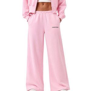 Pantalones de chándal de forro polar rosa para mujer, de pierna ancha, cintura elástica, ajuste holgado, suaves, informales, de invierno, con bolsillos - Product Image 1