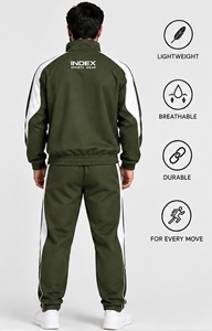 Survêtement Homme Vert Olive INDEX Style Sportif Entièrement Zippé avec Rayures Blanches Coupe Classique Vêtement d'Automne Respirant en Polyester et Coton - Product Image 2