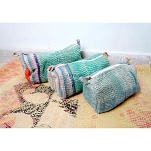 Trousse de Maquillage Grande Taille en Tissu Kantha 100% Coton Pur, Motif à Pompons, Fermeture Éclair, Écologique, Durable, Légère et Douce - Product Image 3