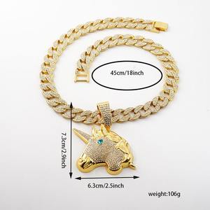 Pendentif Licorne Hip Hop en Strass avec Chaîne Cubaine de 15 MM, Bijoux de Rappeur, Collier en Gros Prêt à Expédier - Product Image 3