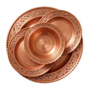 Ensemble d'assiettes et de bols en cuivre artisanal traditionnel, décoratif avec motif floral gravé, vaisselle pour restaurant - Product Image 1