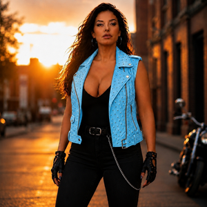 Chaleco de cuero genuino de avestruz para mujer Leather Spot - Chaleco de cuero sin mangas con cuello en V, cremallera frontal, transpirable y hecho a mano - Estilo Biker - Product Image 1
