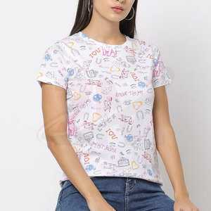 T-shirt blanc imprimé à col rond et manches courtes pour femme, coupe classique, en coton, décontracté, printemps-été, jersey tricoté respirant - Product Image 3