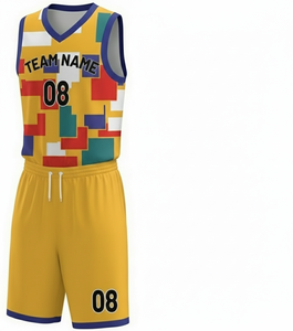 Ensemble de maillots de basket-ball sublimés personnalisés, couleur jaune, col en V, sans manches, séchage rapide, vêtements unisexes pour adultes - Product Image 3
