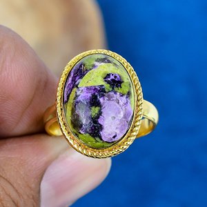 Bague en pierre précieuse Sticktite violette naturelle et verte, or 18 carats, argent sterling 925 micronisé - Product Image 1