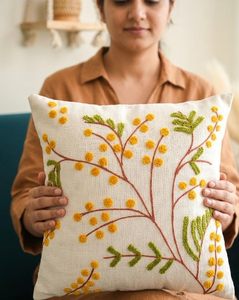Artisan Crafted Embroidered Square Bohemian Cotton <b>Cushion</b> <b>Cover</b> with Intricate Green Leaf Yellow Bloom Motif Anti-Dust Mite - Product Image 2