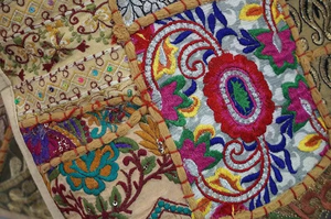 Handmade Patchwork Embroidered Cushion Cover Square Bohemian Style Cotton Linen <b>Home</b> Decor India Made - Product Image 3