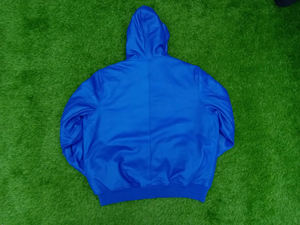 Chaqueta de cuero premium personalizada azul para hombre, sudadera con capucha, suéter bomber de cuero genuino para hombre - Product Image 2