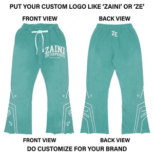 Premium 100% Cotton 300 GSM Fleece Lightweight Mid Waist <b>Flare</b> Pants Wide Leg Custom Logo Screen Print Teal Streetwear <b>Trousers</b> - Product Image 1