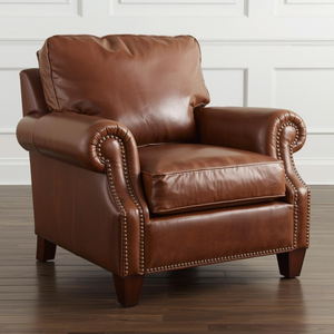 High Quality Genuine Cowhide Leather Armchair Real <b>Cow</b> Leather Accent Chair Rolled Arm Nailhead Trim Living Room Furniture - Product Image 1