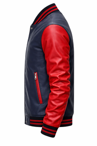 Men's Two Tone Genuine Leather Varsity <b>Jacket</b> Color Blocking <b>Zipper</b> Closure Casual Winter Breathable Windproof Streetwear - Product Image 6