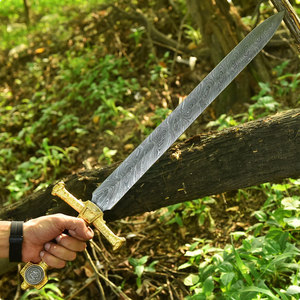 Espada larga de acero de Damasco pulido a mano de doble filo con funda de cuero |   Artículo Coleccionable Medieval para Regalo de Navidad o Exhibición Artística - Product Image 3
