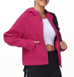 Sweat-shirt à capuche zippé en polaire pour femme, rose uni, manches longues, respirant, idéal pour l'automne - Product Image 2