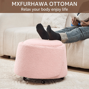 Comodo Pouf Rotondo Convertibile con Copertura in Velluto Teddy Rosa e Ruote per Uso come Sgabello da Toeletta o in Cucina - Product Image 6