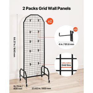 2 Pacchi di Pannelli a Griglia in Filo Metallico Nero 1,9 x 5,4 ft, Espositore Mobile per Arte con 20 Ganci e Ruote per Scaffali - Product Image 2