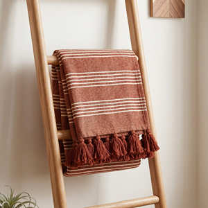 Premium <b>Navy</b> Blue Woven Sofa Throw Horizontal Striped Cotton Blanket Coastal Living Room Styling - Product Image 3