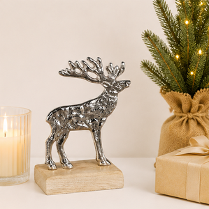 Silver Aluminum Reindeer Sculpture With Natural Wood Base Elegant <b>Christmas</b> Desktop Ornament & Luxury Home Decor Figurine - Product Image 4