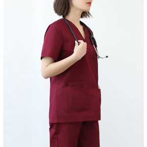 Ensemble de blouses médicales pour femmes, couleur bordeaux, col en V, manches courtes, pantalon uniforme, vêtements d'hôpital, coton et polyester tissé - Product Image 5