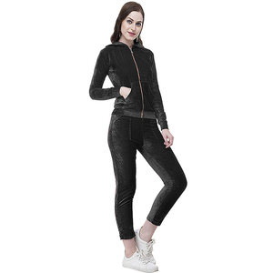 <b>Women</b> Solid Color <b>Velour</b> <b>Tracksuit</b> Hooded Zipper Full Sleeve Skinny Fit Ankle-Length Pants Breathable Casual Autumn Wear - Product Image 1