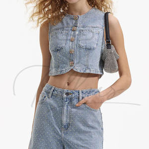 Top Corto de Mezclilla para Mujer con Pedrería, Ajustado, con Botones, Sin Mangas, Moda de Verano, Estilo Casual Urbano, Venta al por Mayor OEM ODM - Product Image 4