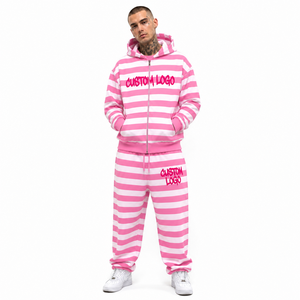 Ensemble de survêtement rayé noir pour homme avec étiquette personnalisée, en coton épais 100 %, comprenant un sweat à capuche zippé oversize et un pantalon de survêtement ample 2026 - Product Image 3