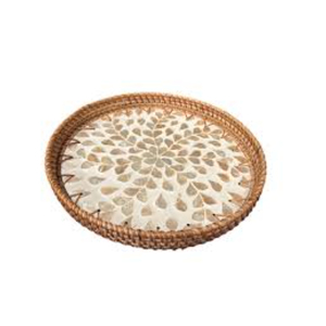 Plateau de service rond artisanal en nacre, mosaïque de fleurs décorative de luxe en coquille de MOP pour table basse et maison - Product Image 5