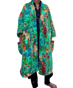 优质时尚风格Kantha夹克长Kantha夹克和服卡夫坦斯手工绗缝可逆冬季夹克批发