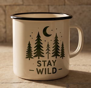 Off White Cream Iron Enamel Mug Designed for Forest Explorers and Adventure Brand Retailers Featuring Dark Green Pine Trees - Product Image 4