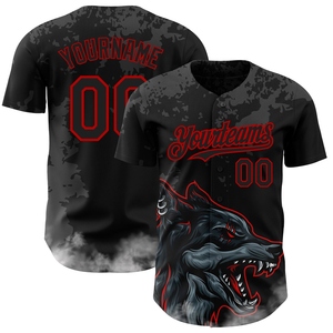 Vente en gros de maillots de baseball authentiques OMMIZ INDUSTRY personnalisés, motif 3D noir et rouge, design animal loup, best-seller - Product Image 1