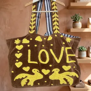 <b>Vintage</b> Velvet Embroidered Tote Bag Women LOVE Letter Hearts Birds Daily Shoulder <b>Handbag</b> - Product Image 3