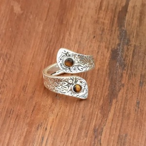 Handmade <b>Tiger</b> <b>Eye</b> Adjustable <b>Ring</b> 925 Sterling Silver Boho Flower Engraved Jewelry for Women - Product Image 4