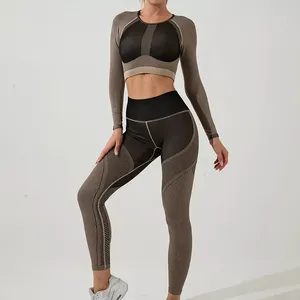 Ensemble de yoga 2 pièces pour femme : Soutien-gorge de sport et leggings taille haute longueur intégrale en maille, tenue de sport unie pour l'entraînement et le fitness - Product Image 5