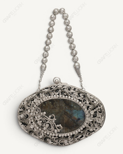 Natural Labradorite Gemstone <b>Clutch</b> | Handmade <b>Silver</b> Filigree Minaudiere | Luxury Bridal Wedding Evening Bag for Women Oval bag - Product Image 4