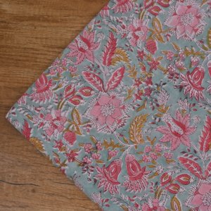 Export Quality Sage Green Cotton <b>Fabric</b> Pink Floral Hand Block Print Water Resistant Medium <b>Weight</b> 100GSM for Apparel Home - Product Image 3