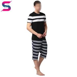 Wholesale Rate Men's Striped Crew Neck T-Shirt With Navy Patterned Capri Shorts <b>Set</b> Summer Casual <b>Knitted</b> Breathable Wear - Product Image 3