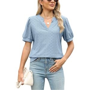 T-shirt casual estiva da donna con scollo a V e maniche corte plissettate - Product Image 4