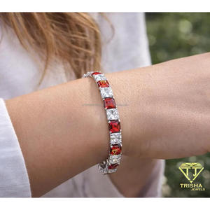Lab Grown Diamond 925 <b>Sterling</b> <b>Silver</b> Red And Clear Stone Tennis <b>Bracelet</b> Alternating Square Link Design Wholesale Jewelry - Product Image 4