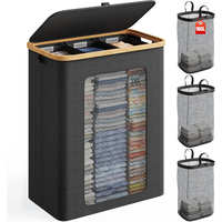 Panier à linge de grande capacité 160L avec couvercle, panier à linge à 3 compartiments, fenêtre de ventilation, sac intérieur amovible, cadre en bambou pliable