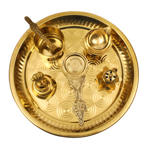 Juego de Thali de Latón Pulido para Pooja, Bandeja de Oración con Diya, Cuenco, Porta Incienso y Accesorios para Lámpara de Aceite para el Hogar y Bodas - Product Image 1