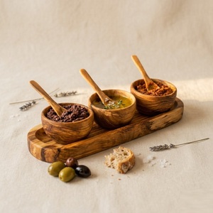 Ensemble de condiments artisanal en bois d'olivier naturel, 3 petits bols à trempette avec cuillères et plateau de service pour épices, trempettes, ustensiles de cuisine - Product Image 6