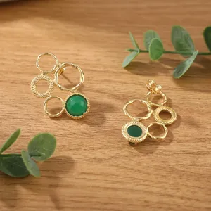 Pendientes de Ónix Verde Natural Redondo con Baño de Oro de 18K, Diseño Circular con Cuentas, Joyería de Moda Brillante al por Mayor - Product Image 3