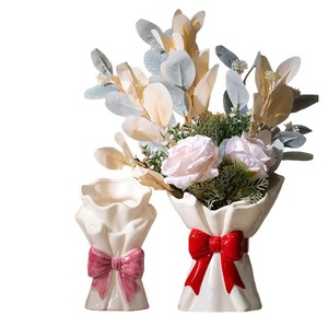 Prettiest White Ceramic Flower <b>Vase</b> With <b>Red</b> & Pink BOWKNOT Design For Floral Arrangement Amazing Item - Product Image 1