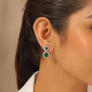 10K White Gold Emerald Cluster Drop <b>Earrings</b> | Oval Green Gemstone & Diamond Halo Jewelry | Elegant Women's <b>Fine</b> Jewelry Gift - Product Image 2