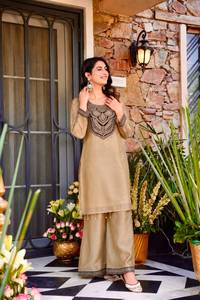 Women Beige Embroidery Sequence Work and Hand Stitched Latkan Work <b>Kurta</b> Palazzo Set Traditional Loose Fit Ethnic Wear Quick Dry - Product Image 2