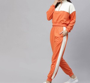 Ensemble de survêtement décontracté pour femme, color block, manches longues, demi-zip, coupe ample, respirant, orange et blanc, pour le printemps - Product Image 5