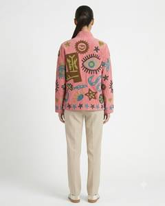 Veste Suzani en velours rose brodée et patchwork, col mandarin à points ouverts, entièrement imperméable et respirante en coton, pour l'hiver et l'été - Product Image 4