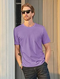 T-shirt pour homme à manches courtes, coupe ajustée, col rond, en coton pur, avec poche poitrine, tricoté, couleur unie, décontracté - Product Image 2
