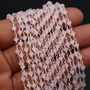 Chaîne de chapelet en quartz rose, perles rondes facettées de 3 mm, fil plaqué argent, vente en gros - Product Image 1