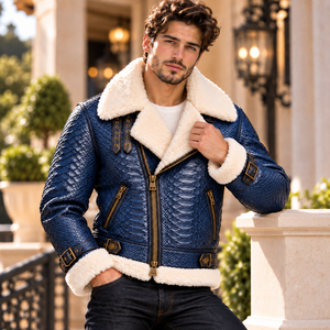 <b>Men's</b> Black Snake Embossed <b>Shearling</b> Leather <b>Jacket</b> Herren Lederjacke Motorradjacke Custom OEM Großhandel Hersteller Lieferant - Product Image 6