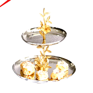 Soporte de pastel de metal plateado de lujo de 2 niveles con diseño de hoja dorada, soporte decorativo redondo martillado para servir postres para fiestas - Product Image 1